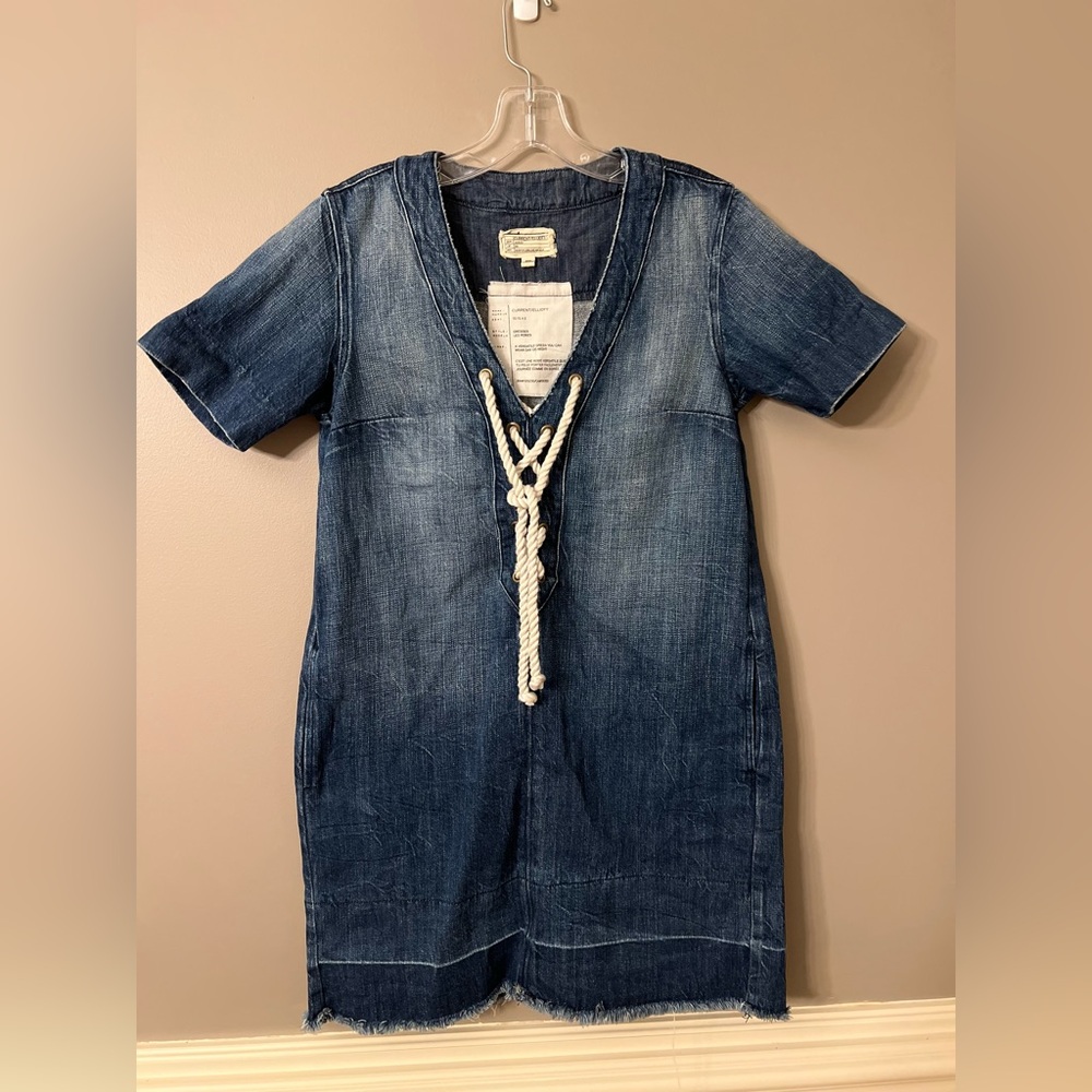 Current/Elliott Blue Lace-Up Denim Dress w/ Pockets Sz Large - Picture 3 of 8